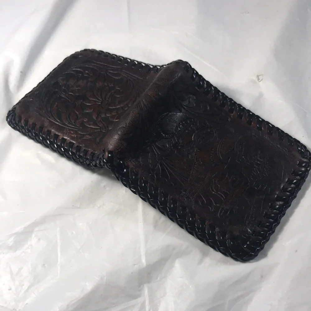 Vintage Handmade Tooled  Brown Leather Western Cowboy Horse and Flowers Wallet